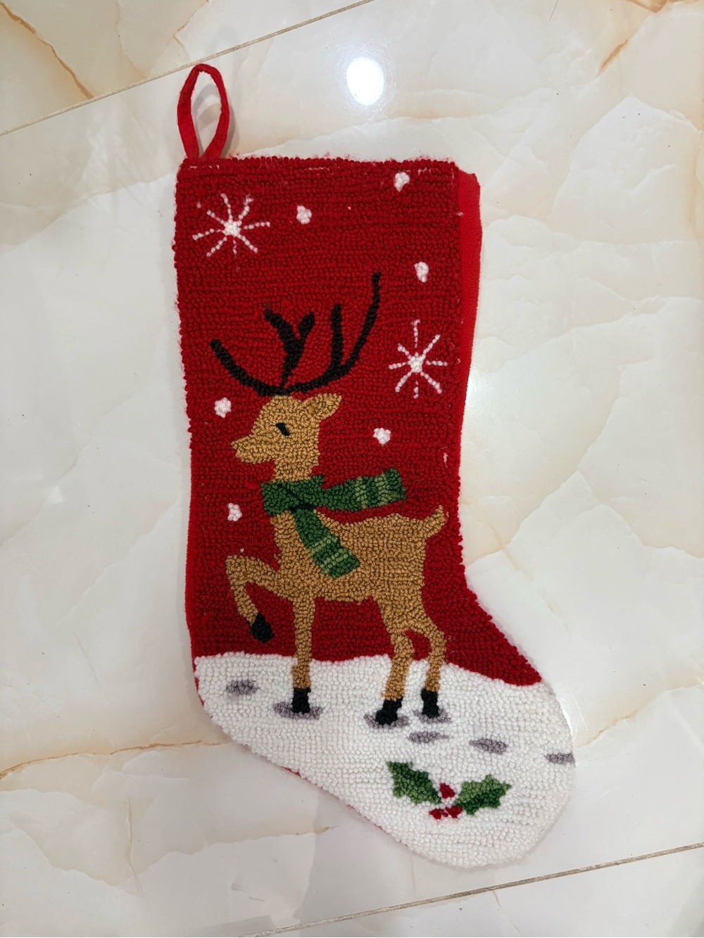 Festive Red Reindeer Holiday Stocking with Green Scarf